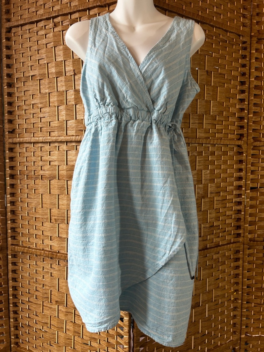 Linen Blend Faux Wrap Dress Blue Stripe Coastal Cottagecore Pockets M